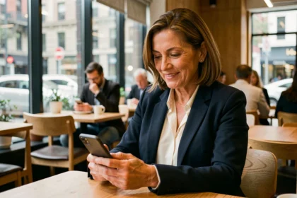 Femme mature confiante consultant une application de rencontres sur smartphone dans un café moderne