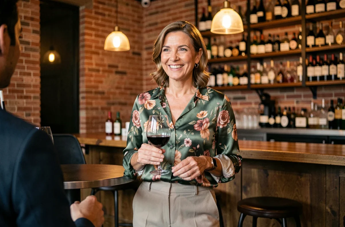 Femme mature souriante lors d'un premier rendez-vous galant dans un bar à vins moderne
