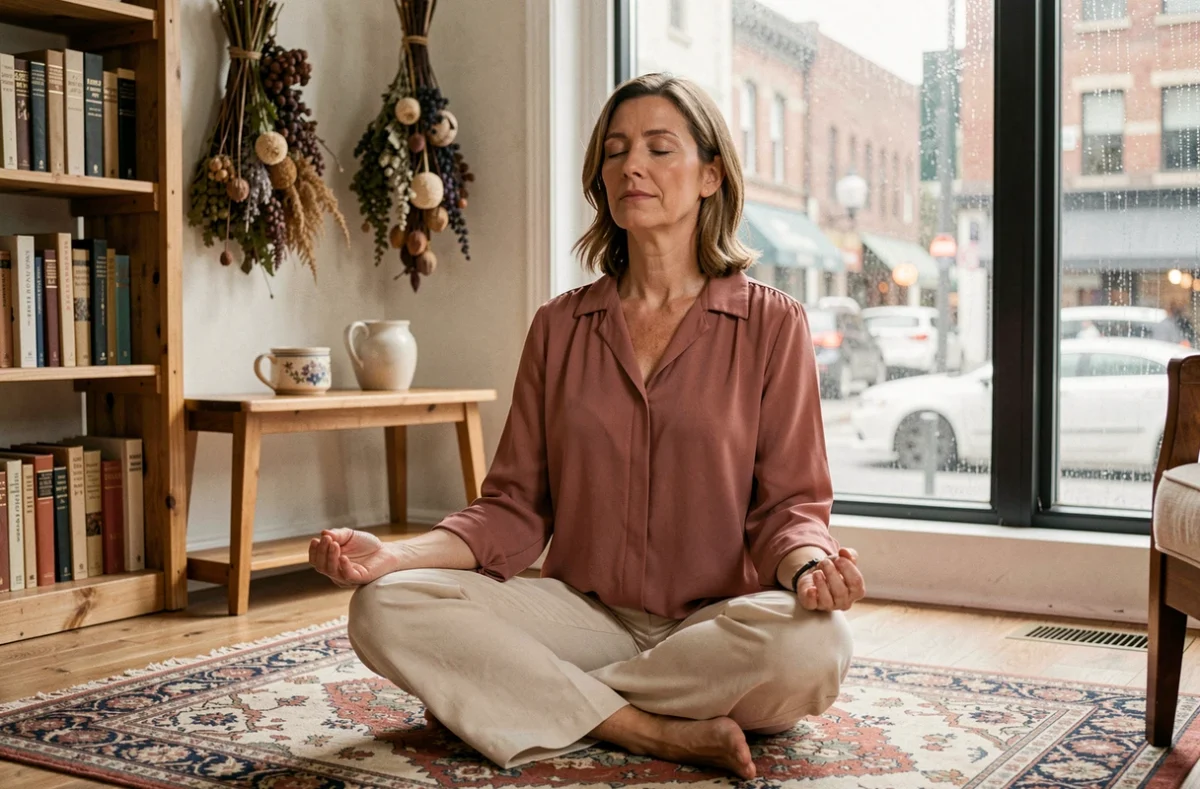 Femme en méditation dans un intérieur chaleureux et bohème, illustrant la recherche spirituelle de l'âme sœur
