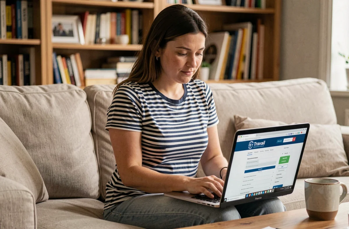 Femme mettant à jour son adresse sur le portail en ligne France Travail depuis son domicile