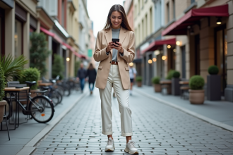 Femme élégante en blazer beige dans la ville