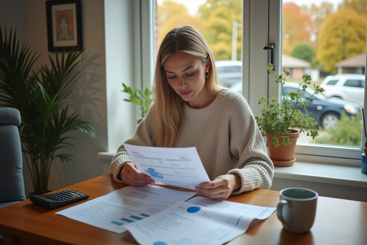 Femme jeune examinant des documents de prêt immobilier à la maison