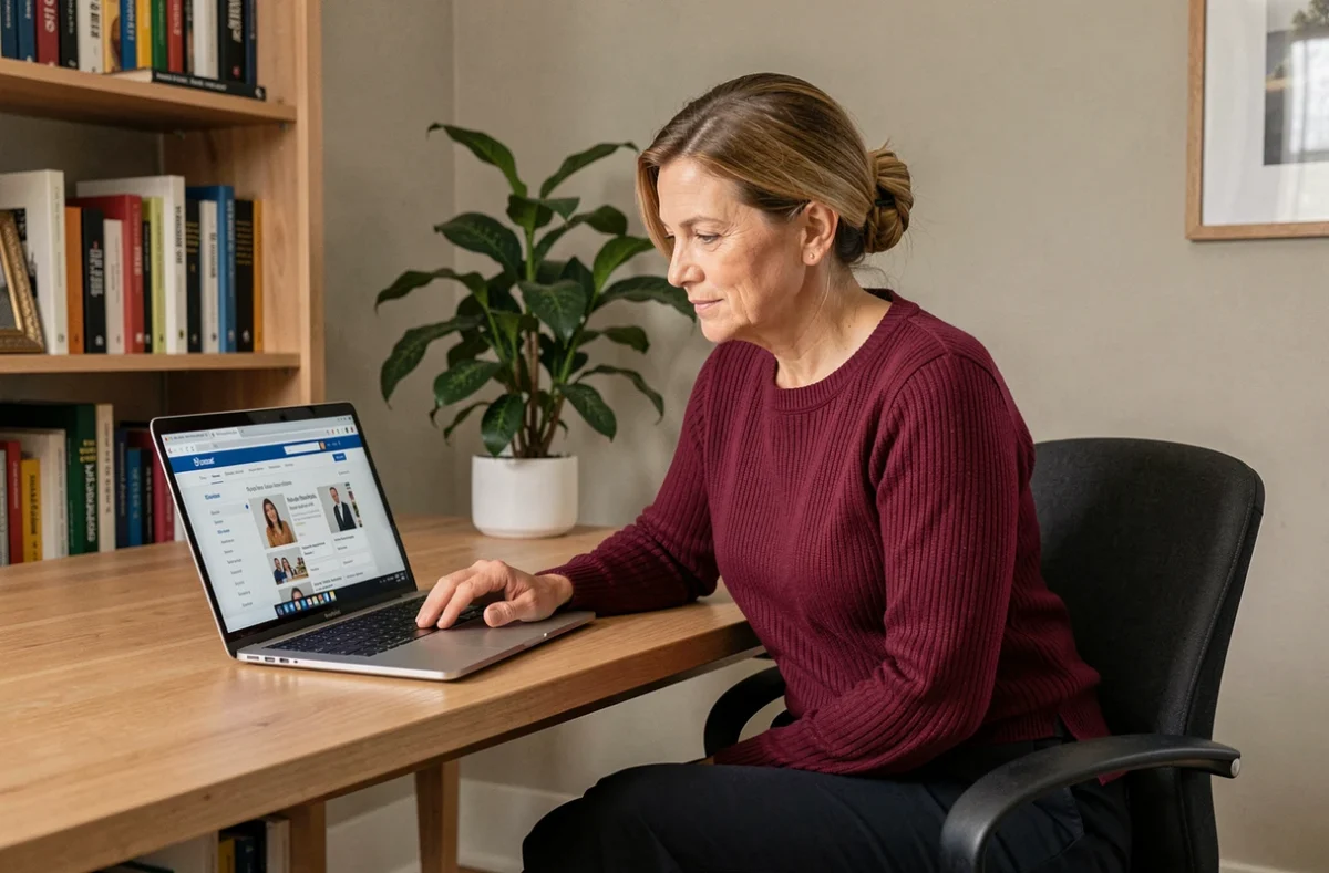 Femme mûre élégante naviguant sur un site de rencontres pour adultes depuis son bureau à domicile