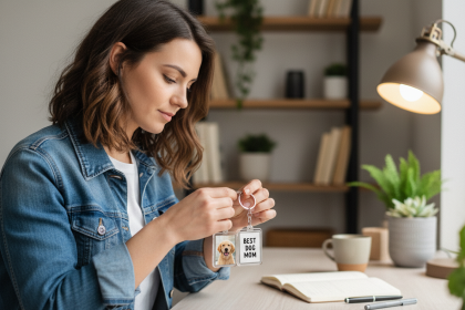 Femme dans un bureau attachant un porte-clés personnalisé