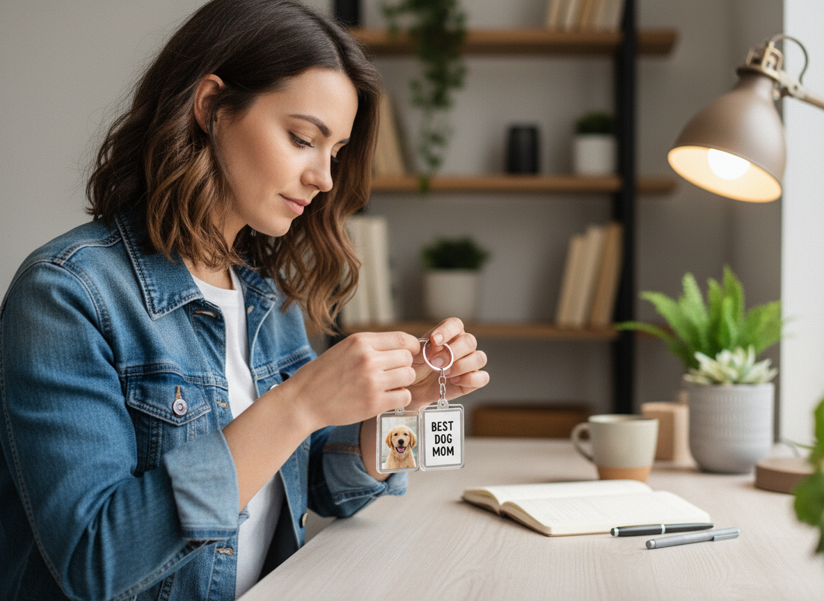 Femme dans un bureau attachant un porte-clés personnalisé