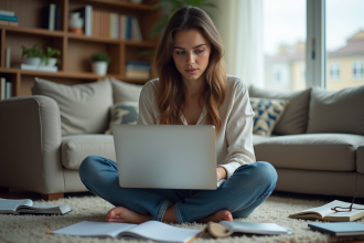 Femme concentrée sur son ordinateur dans un appartement moderne