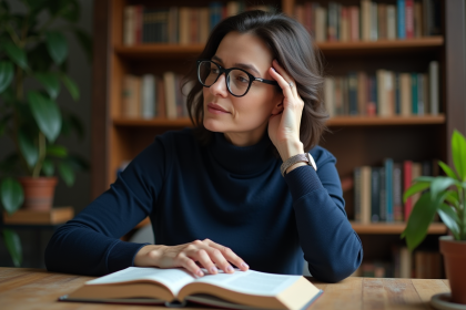 Femme méditative en étude avec livre de physique quantique