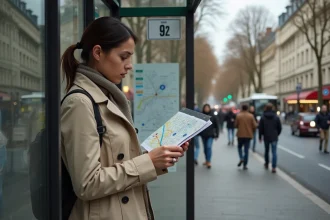 Femme consultant un plan de la ligne de bus 92 à un arrêt parisien pour optimiser son trajet