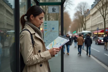 Femme consultant un plan de la ligne de bus 92 à un arrêt parisien pour optimiser son trajet