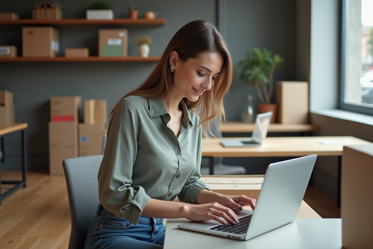 Femme en bureau préparant un colis avec étiquette Colissimo