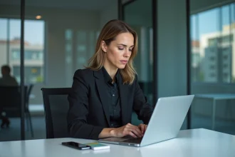 Femme professionnelle en bureau moderne et concentrée