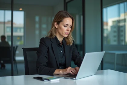 Femme professionnelle en bureau moderne et concentrée