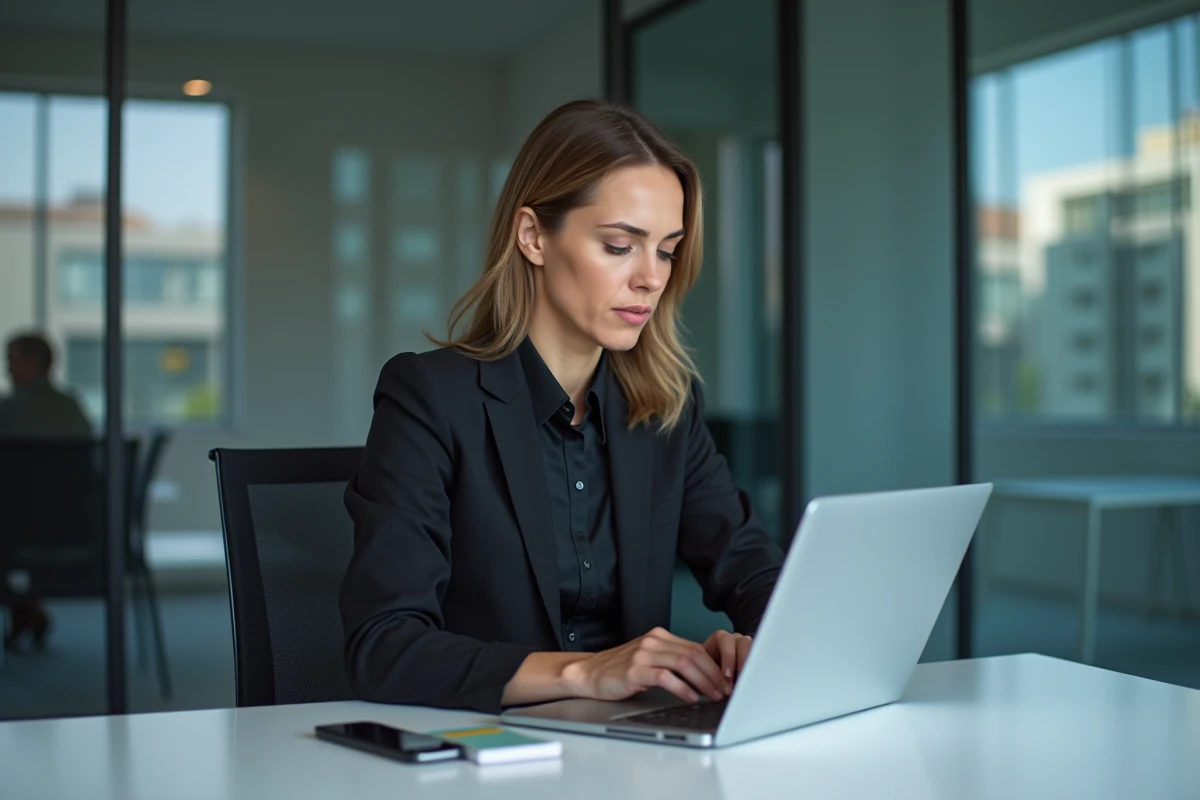 Femme professionnelle en bureau moderne et concentrée