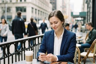 Jeune femme professionnelle avec smartphone en terrasse
