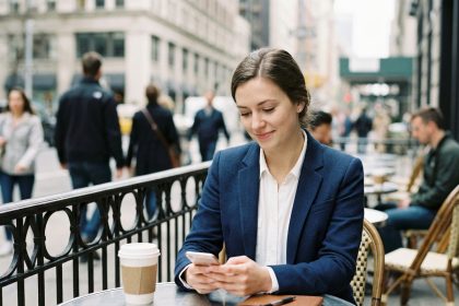 Jeune femme professionnelle avec smartphone en terrasse