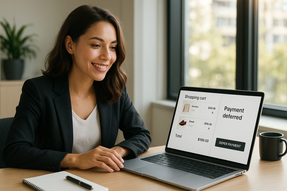 Femme professionnelle souriante utilisant son ordinateur pour shopping en ligne