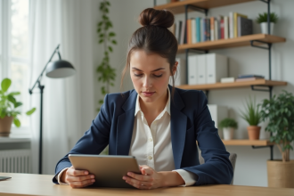 Femme professionnelle utilisant une tablette dans un bureau moderne