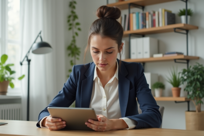 Femme professionnelle utilisant une tablette dans un bureau moderne