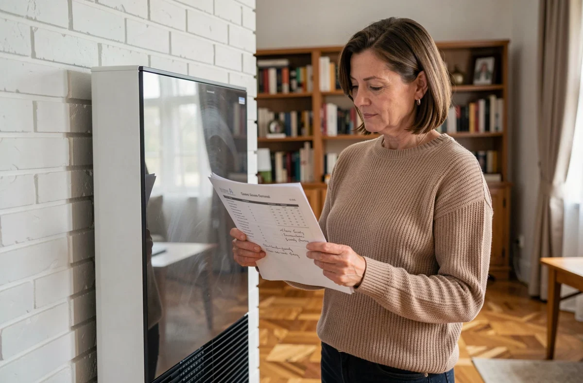 Femme consultant une fiche technique pour calculer la conversion watt ampère d'un radiateur électrique puissant dans un salon