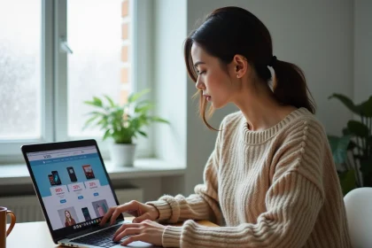 Femme cherchant un code promo Pixmania sur son ordinateur portable dans un bureau à domicile moderne