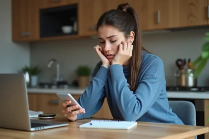 Femme pensant dans sa cuisine moderne à la maison