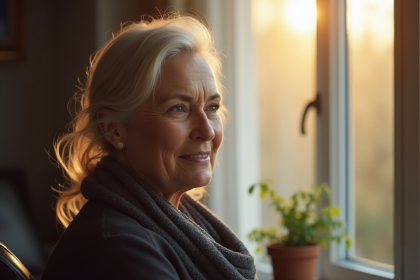 Femme pensive de 40 ans près d'une fenêtre en lumière naturelle