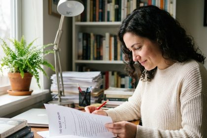 Femme concentrée relisant ses pages de manuscrit dans un bureau