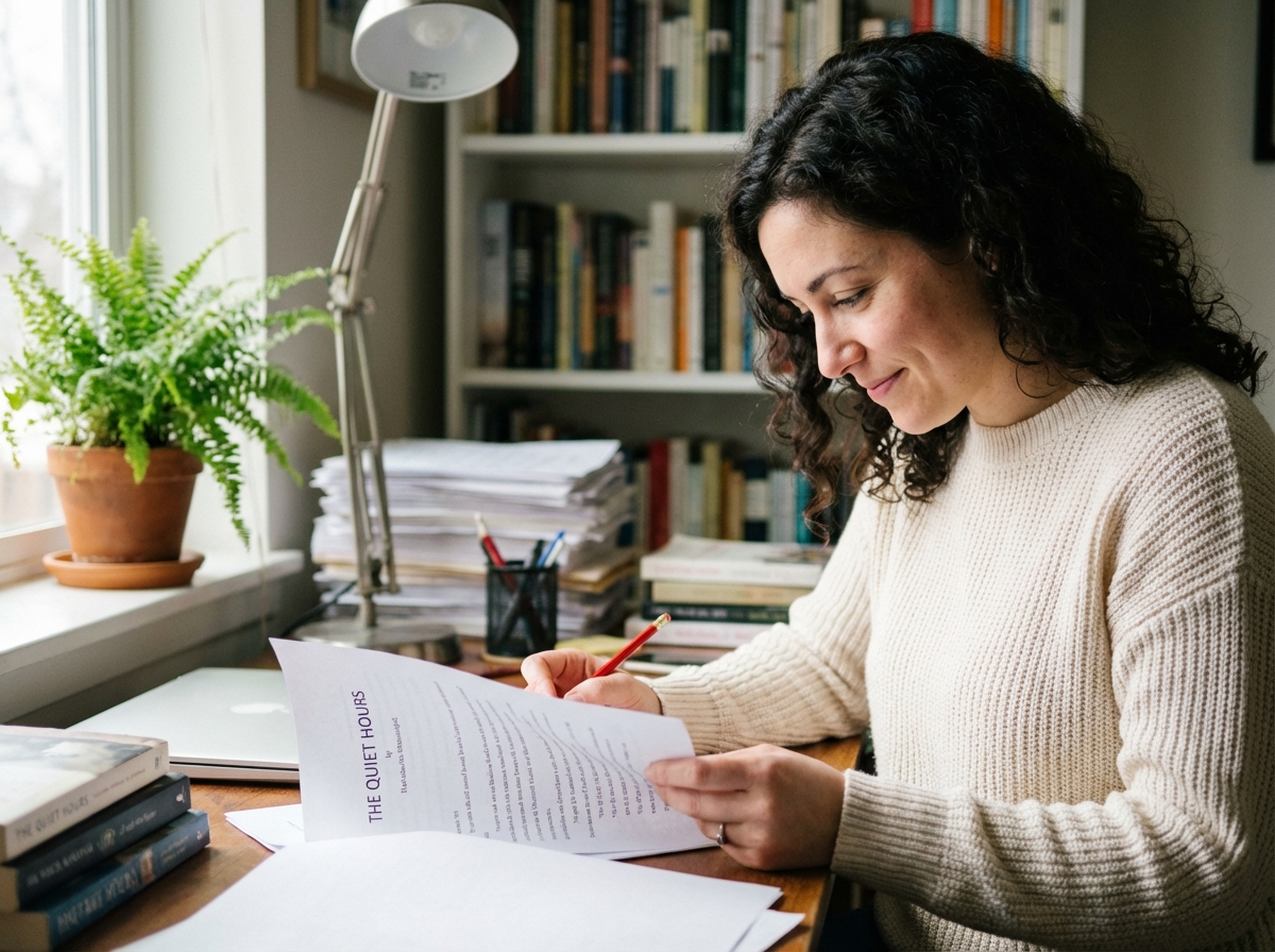 Femme concentrée relisant ses pages de manuscrit dans un bureau