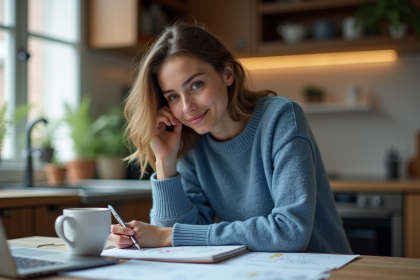 Jeune femme en cuisine examine un carnet de notes