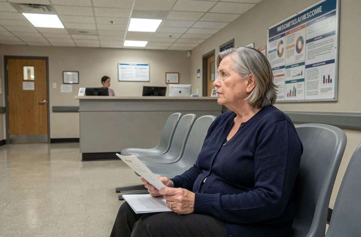 Femme en salle d'attente de l'agence Pôle Emploi tenant un document avec les horaires et le numéro de téléphone 3949
