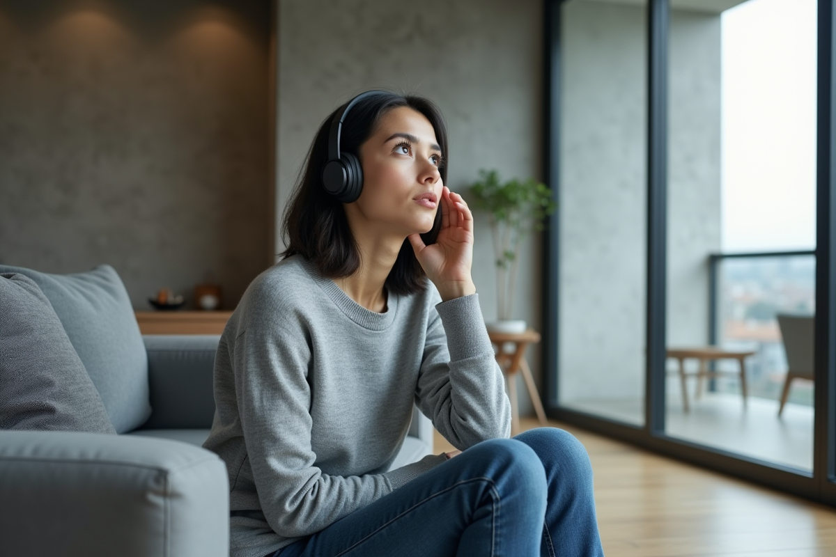 Jeune femme avec casque sans fil dans un salon moderne