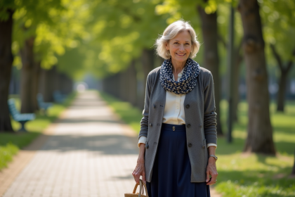 Femme senior debout dans un parc ensoleille avec une jupe navy