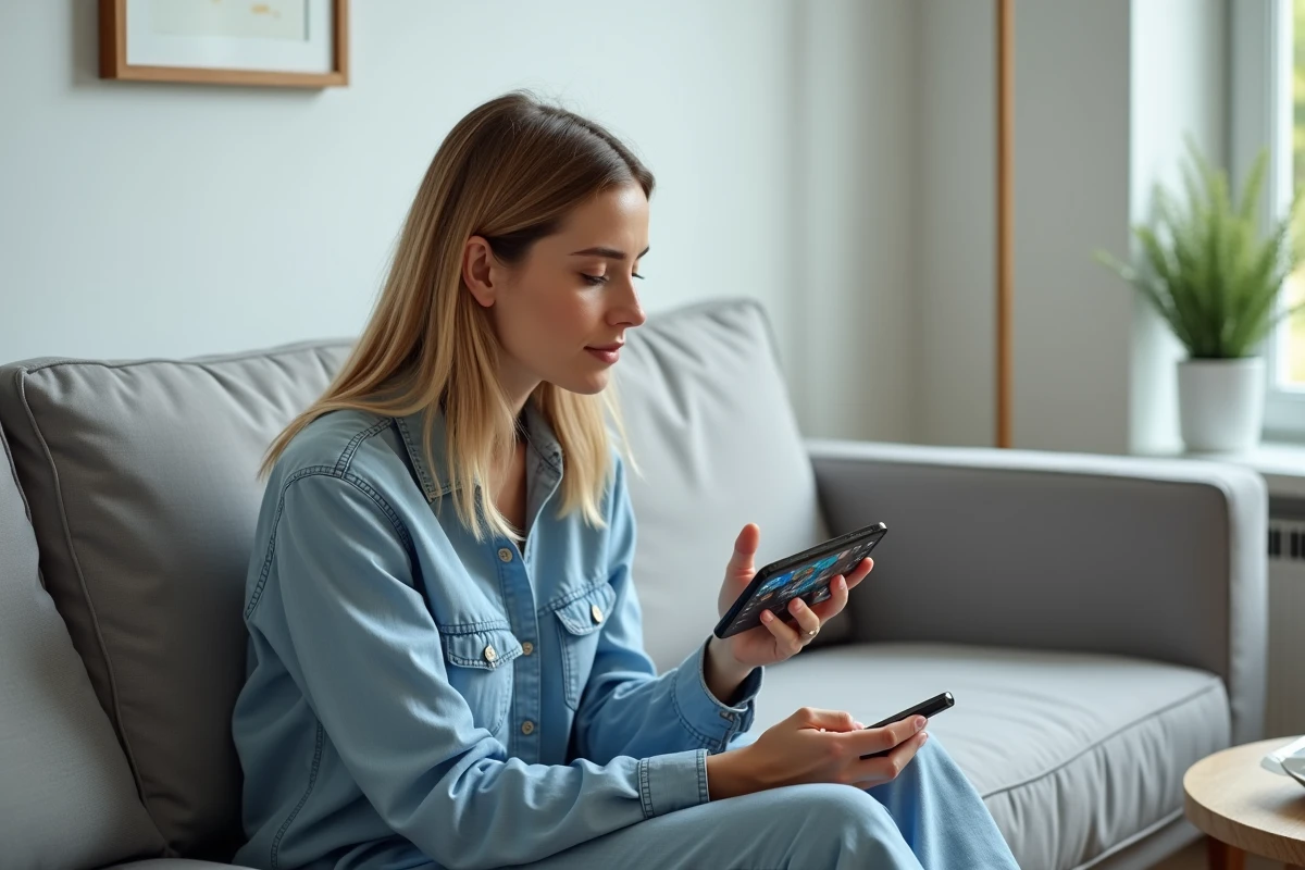 Femme comparant les offres d'abonnement YouTube Premium sur smartphone dans un salon moderne
