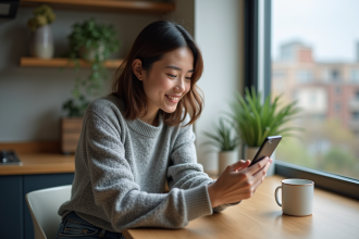 Jeune femme ajuste la batterie sur son smartphone