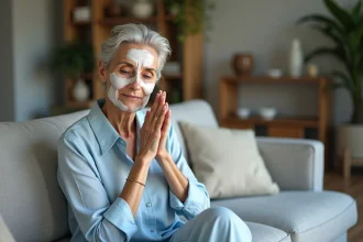 Femme d'une cinquantaine appliquant un masque facial dans un salon moderne