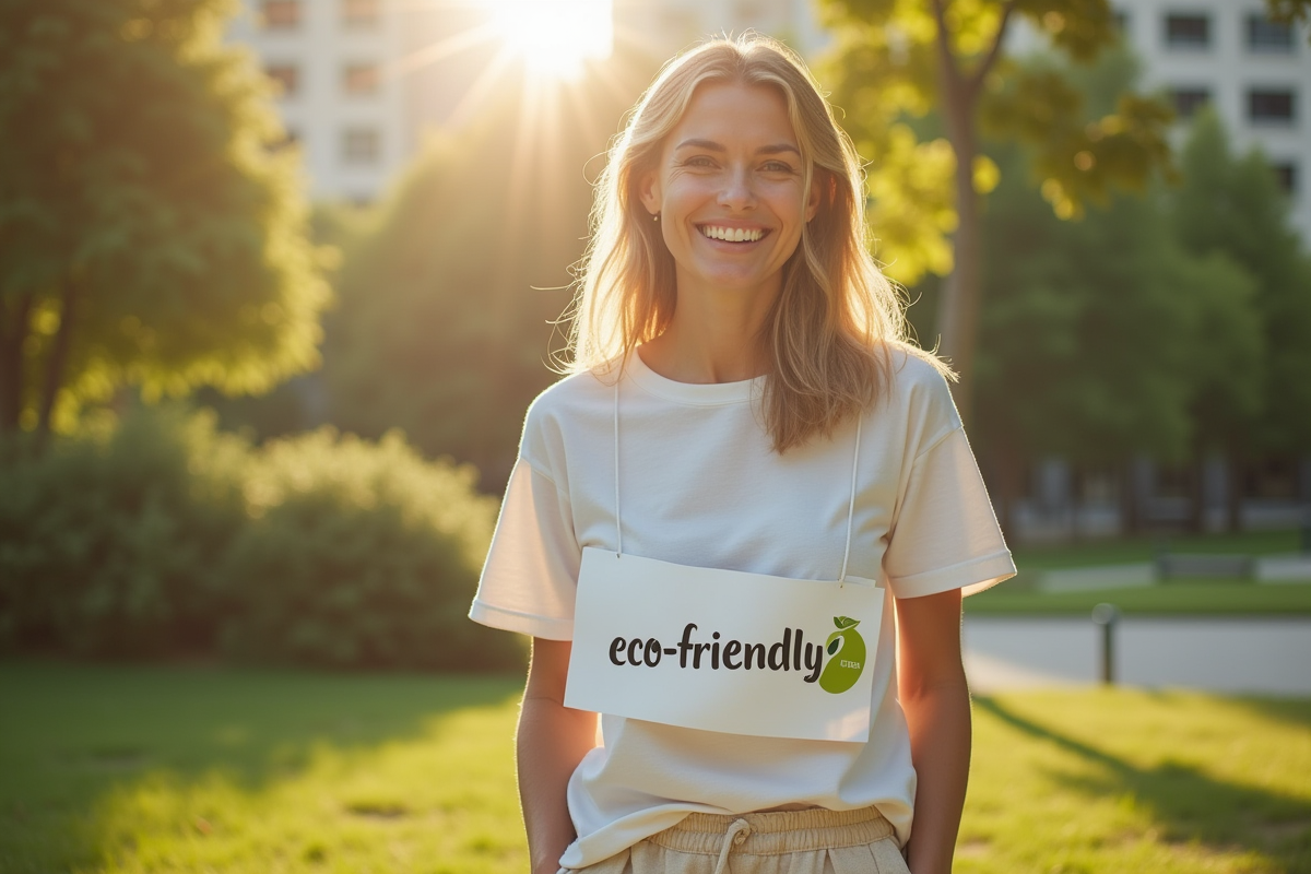 Femme souriante dans un parc urbain avec t-shirt bio et pantalon en lin