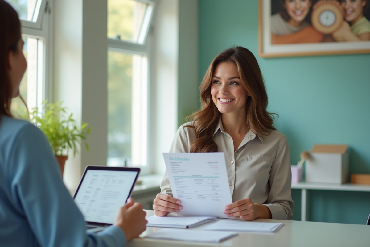 Jeune femme souriante discutant avec la reception au cabinet dentaire