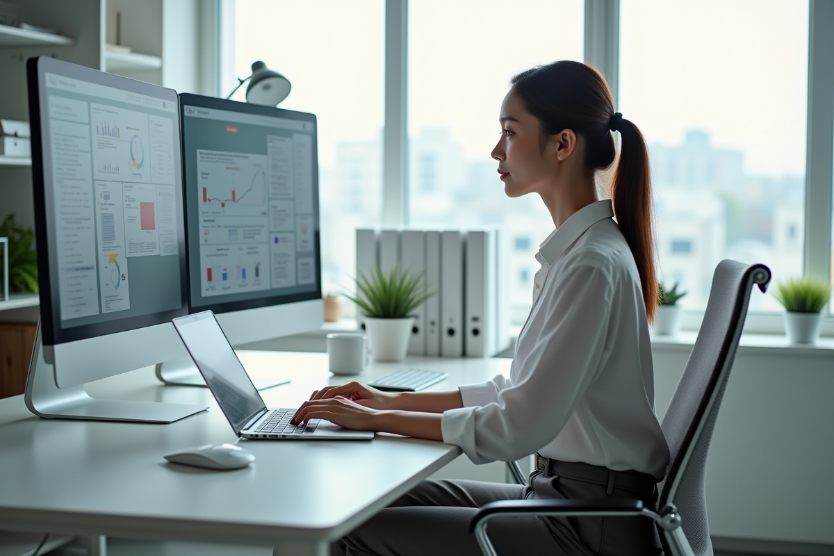 Jeune femme IT travaillant sur son ordinateur portable