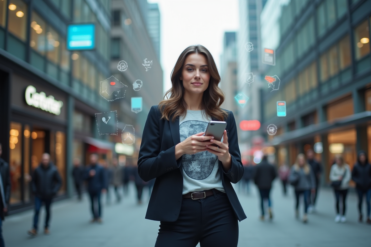 Jeune femme dans la rue avec icônes numériques en arrière-plan