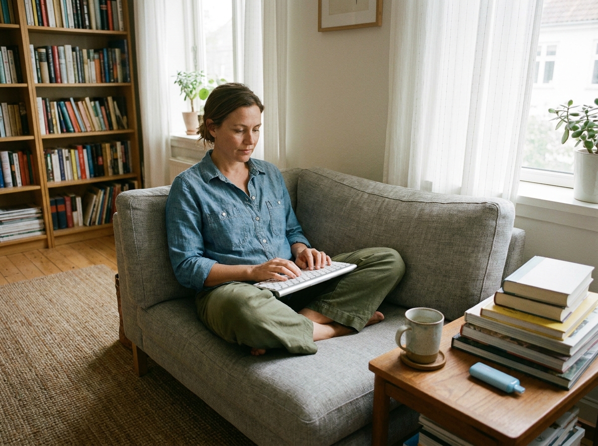 Femme en télétravail assise sur un canapé avec une puff discrète posée sur la table basse parmi des livres
