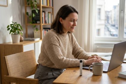 Femme en télétravail à son bureau avec une puff discrète posée près de son café et de son carnet