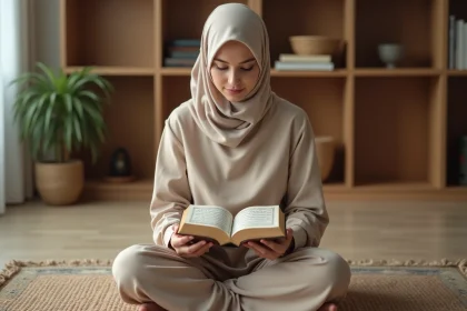 Jeune femme voilée lisant le Coran en arabe posée sur un tapis de prière dans un salon chaleureux