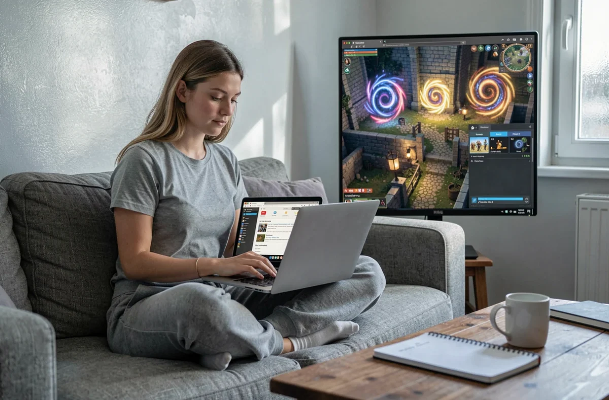 Jeune femme consultant un wiki de jeu MMORPG sur son laptop dans son salon pour trouver des portails