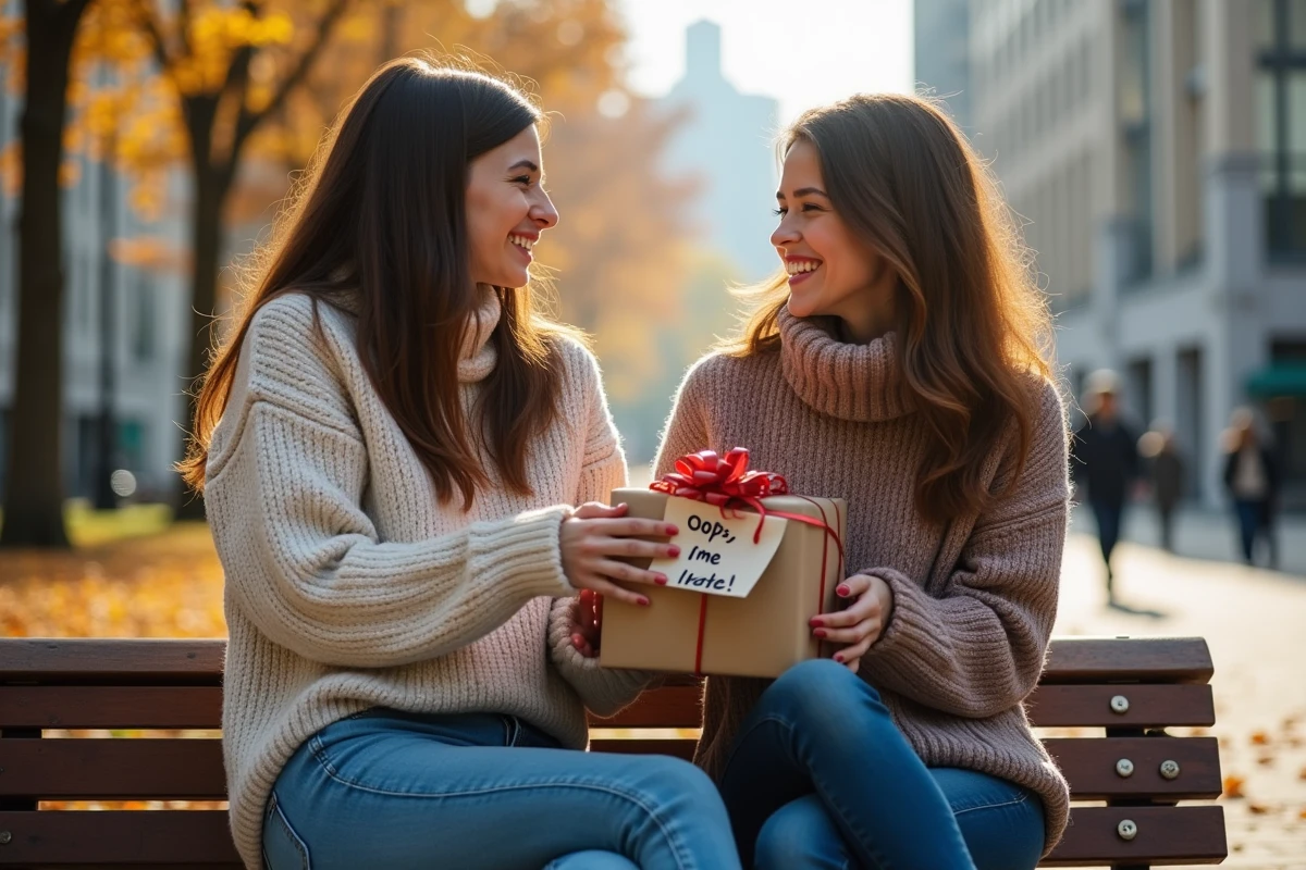 Deux femmes partageant un cadeau dans un parc en automne