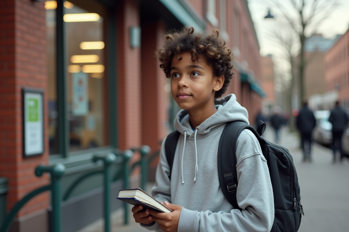 Adolescente devant une banque de quartier avec un carnet de banque
