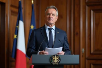 Homme officiel en costume navy lors d'une conférence