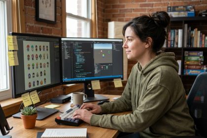 Jeune femme apprenant à créer des jeux vidéo en autodidacte sur un bureau à domicile avec logiciel de développement de jeux