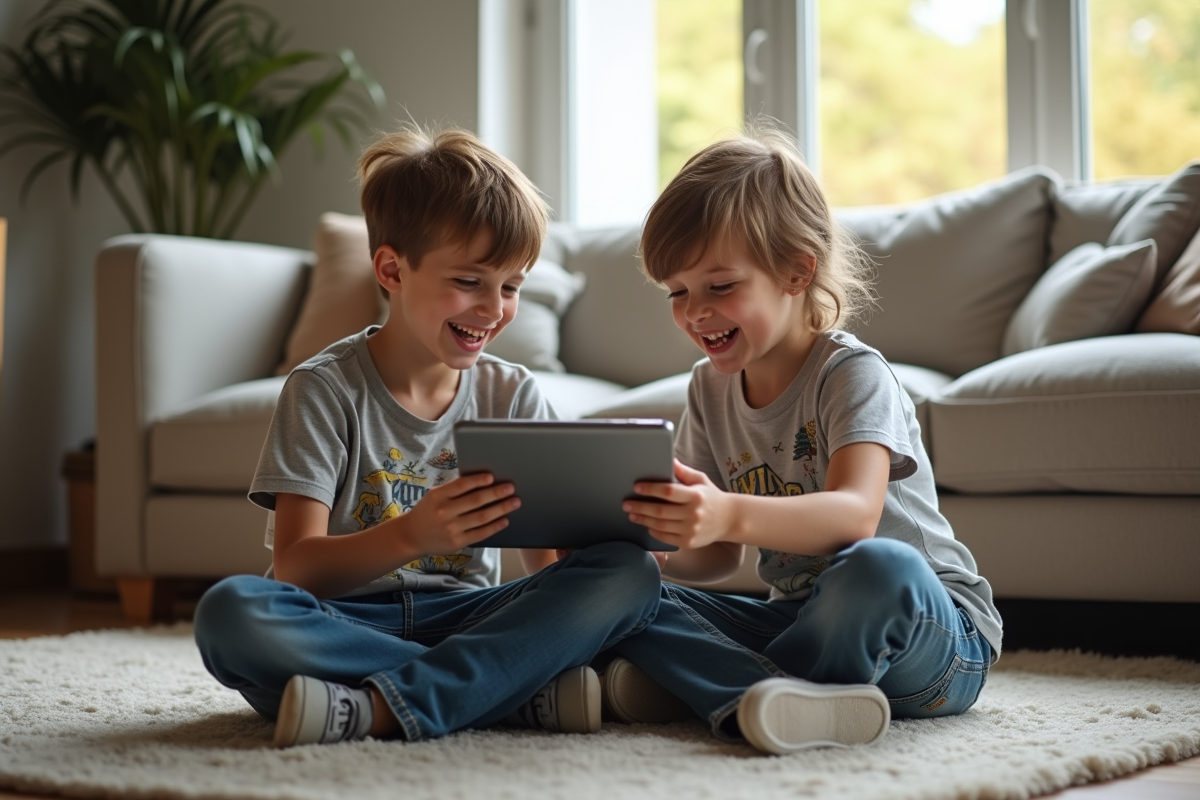 Freres jouant avec une tablette dans un salon familial