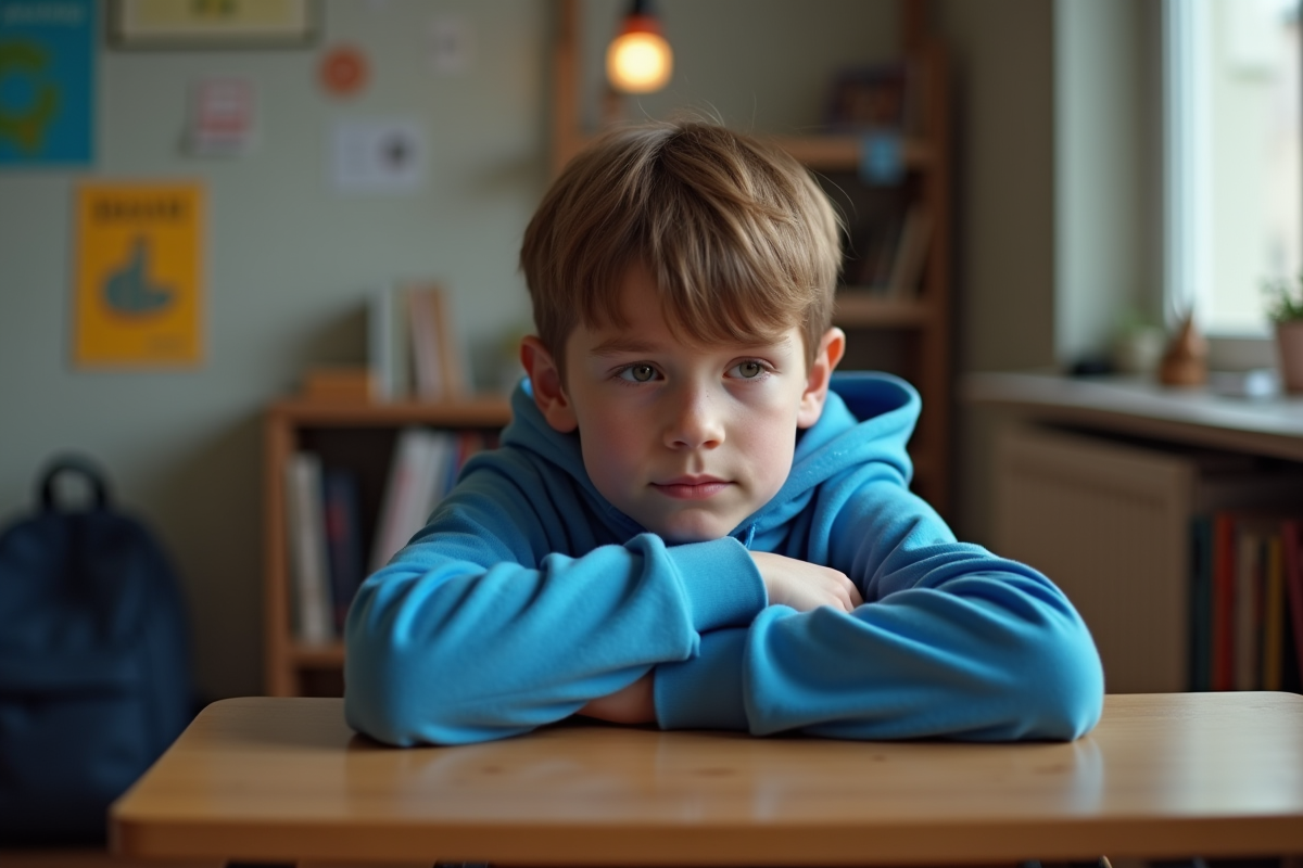 Garçon de 10 ans pensif dans sa chambre