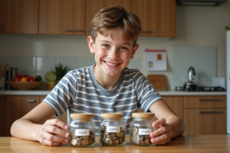 Garçon souriant rangeant des pièces dans des bocaux étiquetés épargne